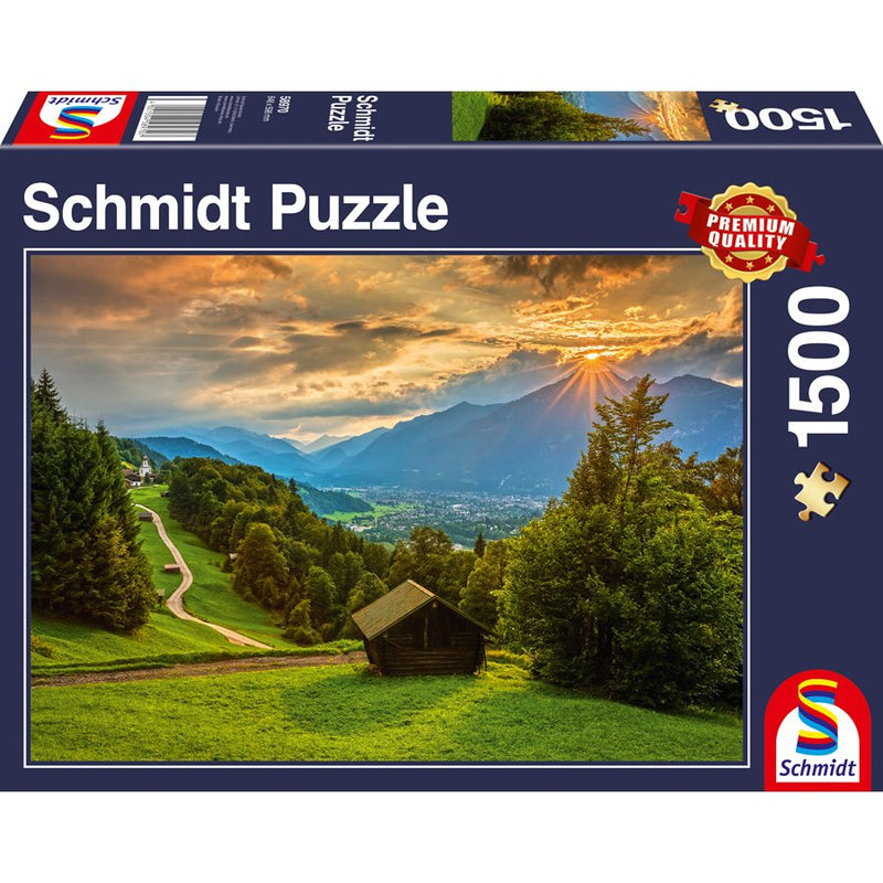 Schmidt Puzzle 1500 Sunset Over the Mountain Village of Wamberg