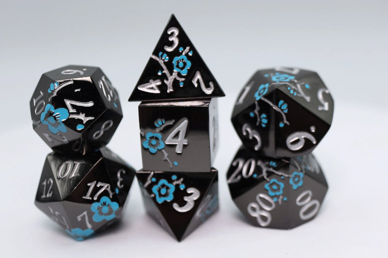 Metallic Bouquet: Black With Blue Orchids - Metal RPG Dice Set