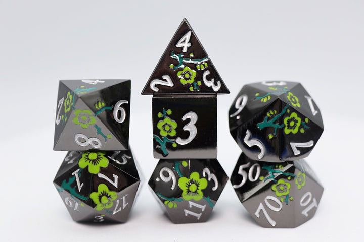 Metallic Bouquet: Black with Green Orchids - RPG Metal Dice Set