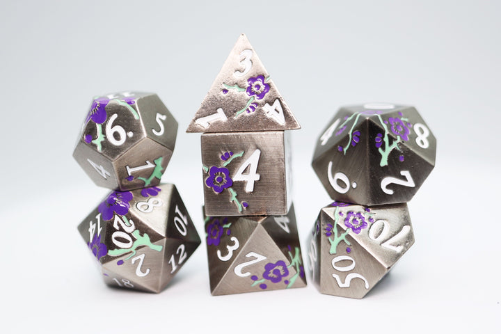 Metallic Bouquet: Silver with Purple Orchids - RPG Metal Dice Set