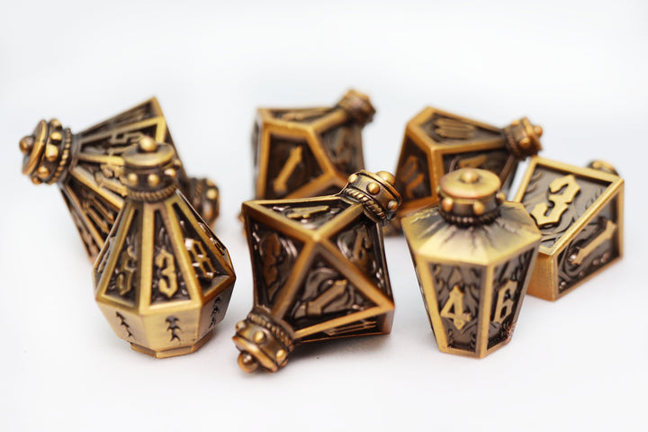 Moonlit Lantern Golden Flames- Metal RPG Dice Set