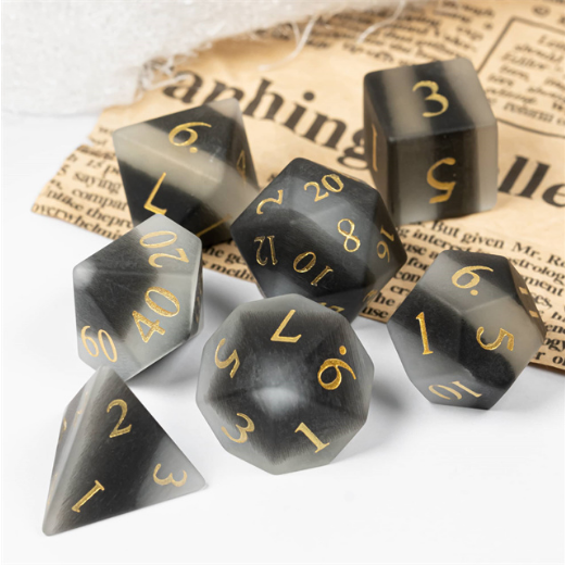 Stone RPG Dice Set Frosted Cat's Eye Black and White - Gemstone Engraved with Gold