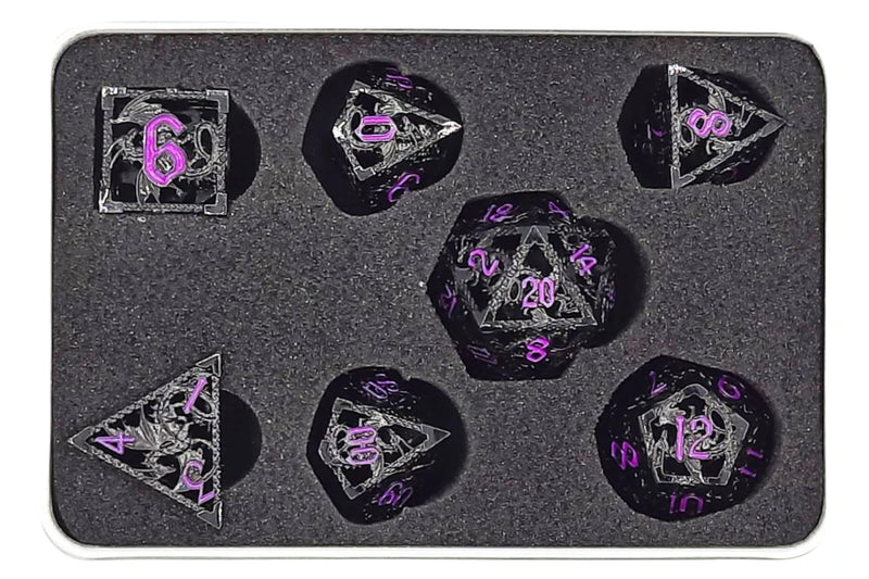 Old School Dice: Hollow Metal 7 Piece Set - Dragon - Black With Purple