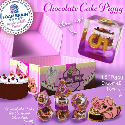 Pastry Pets: Chocolate Cake Piggy - Pin & RPG Dice Set