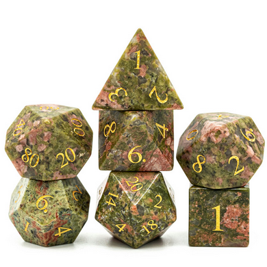 Stone RPG Dice Set Unakite Gemstone - Engraved with Gold