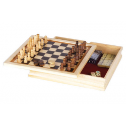 6-in-1 GAME- 11" WOOD CASE ( bckgm/chess/chckrs/dominoes/cards/dice)