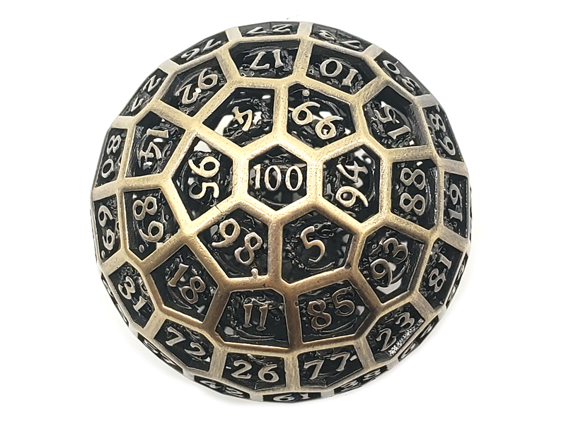 Old School Dice: Hollow Metal 50mm D100 - Dragon's Head - Ancient Gold