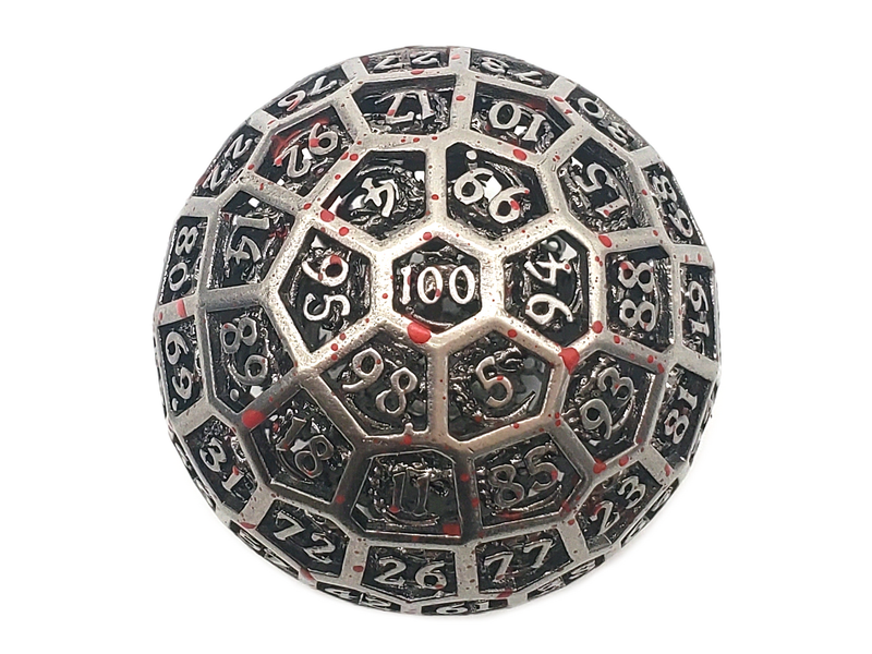 Old School Dice: Hollow Metal 50mm D100 - Dragon's Head - Ancient Silver with Blood