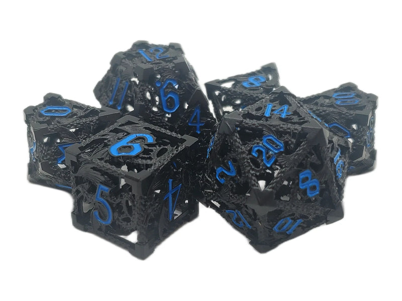 Old School Dice: Hollow Metal 7 Piece Set - Dragon - Black With Light Blue