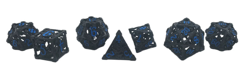 Old School Dice: Hollow Metal 7 Piece Set - Dragon - Black With Light Blue