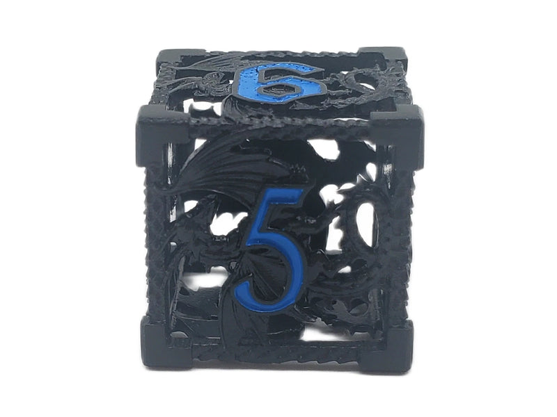 Old School Dice: Hollow Metal 7 Piece Set - Dragon - Black With Light Blue