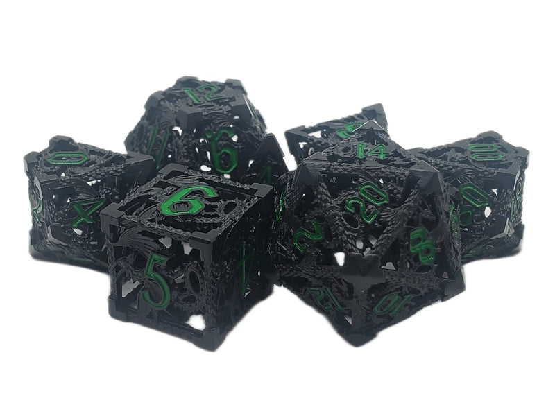 Old School Dice: Hollow Metal 7 Piece Set - Dragon - Black With Green