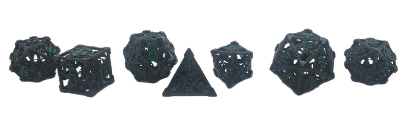 Old School Dice: Hollow Metal 7 Piece Set - Dragon - Black With Green