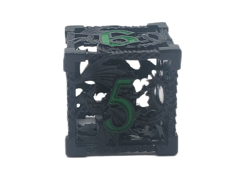 Old School Dice: Hollow Metal 7 Piece Set - Dragon - Black With Green