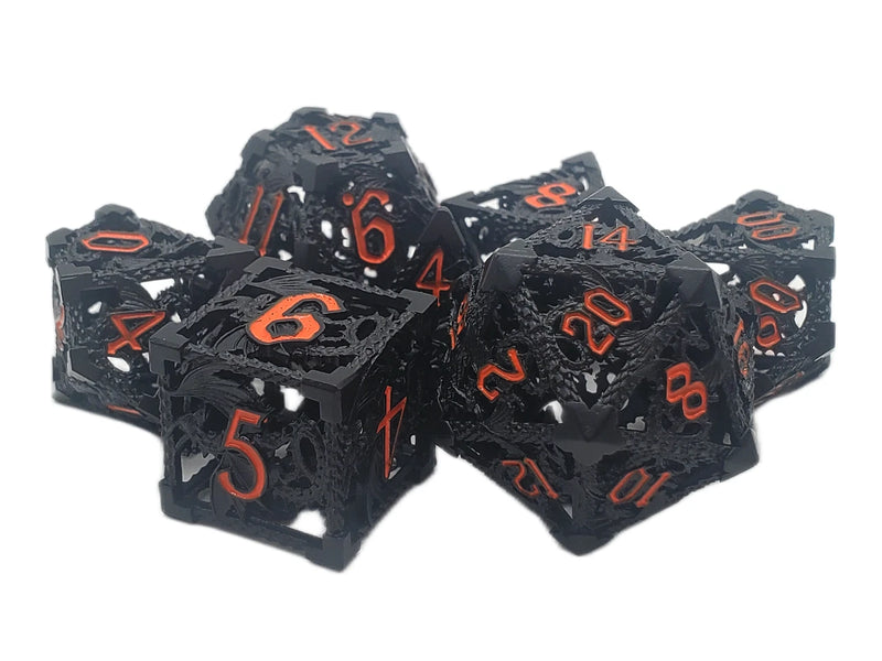 Old School Dice: Hollow Metal 7 Piece Set - Dragon - Black With Orange