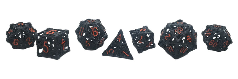 Old School Dice: Hollow Metal 7 Piece Set - Dragon - Black With Orange