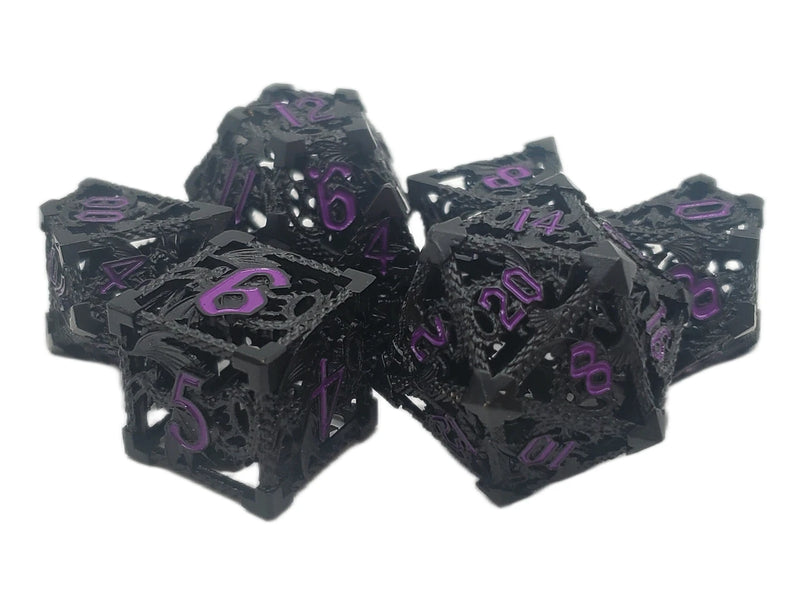 Old School Dice: Hollow Metal 7 Piece Set - Dragon - Black With Purple
