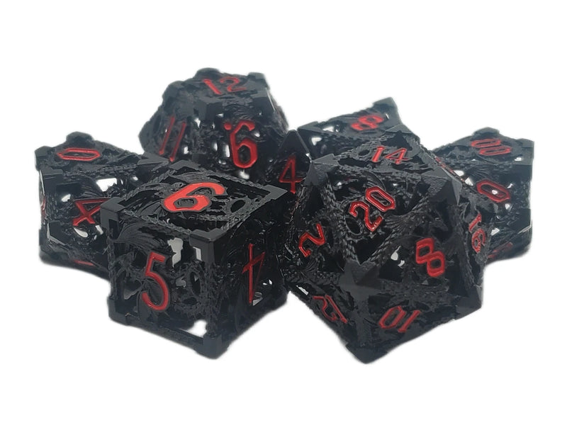 Old School Dice: Hollow Metal 7 Piece Set - Dragon - Black With Red