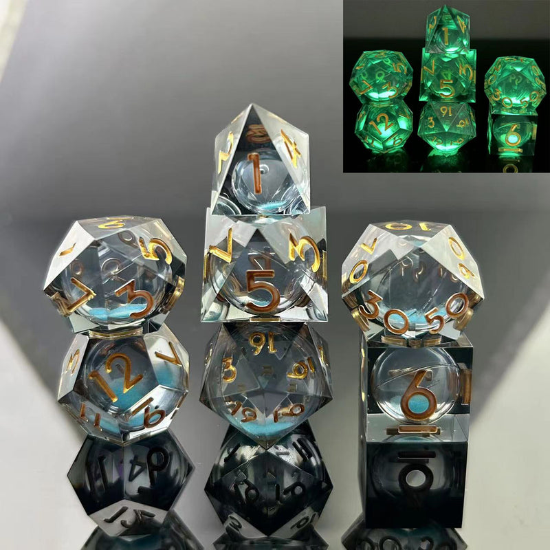 Sharp Edge Glow in the Dark Liquid Core RPG Dice Set - Blue Specter