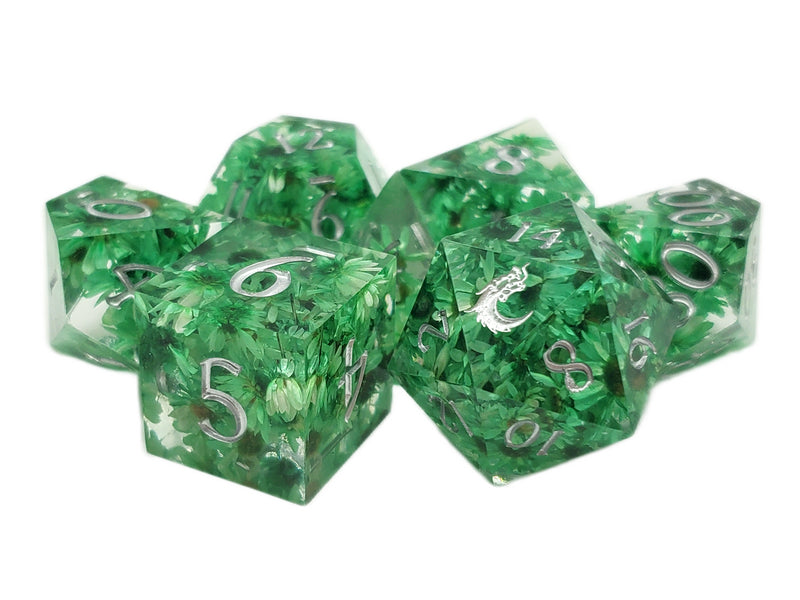 Old School Dice: Sharp Edged Poly Dice Set - Green Flower