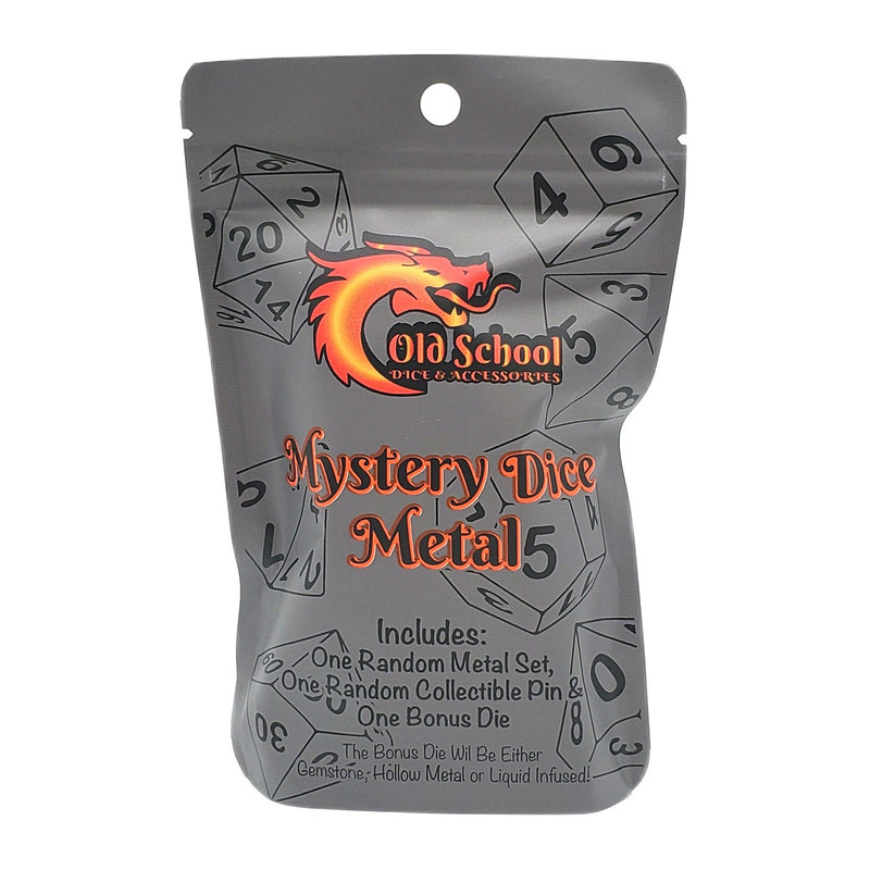 Old School Dice: Mystery Dice - Metal: 7-Piece Metal Set & Collectible Pin with Bonus Premium Dice