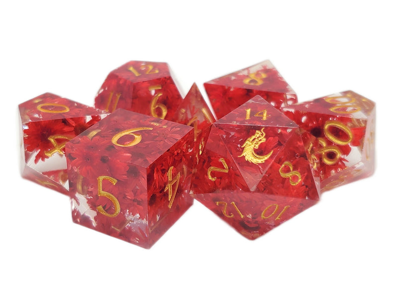 Old School Dice: Sharp Edged Poly Dice Set - Red Flower