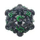 Old School Dice: Hollow Metal D20 Spindown - Skull Black Nickel With Green