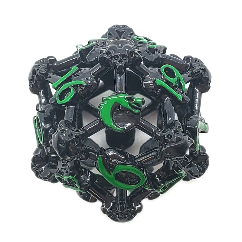 Old School Dice: Hollow Metal D20 Spindown - Skull Black Nickel With Green