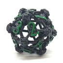Old School Dice: Hollow Metal D20 Spindown - Skull Black Nickel With Green