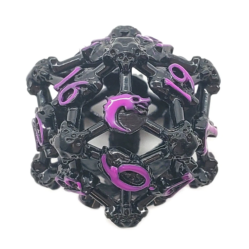 Old School Dice: Hollow Metal D20 Spindown - Skull Black Nickel With Purple