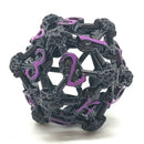 Old School Dice: Hollow Metal D20 Spindown - Skull Black Nickel With Purple