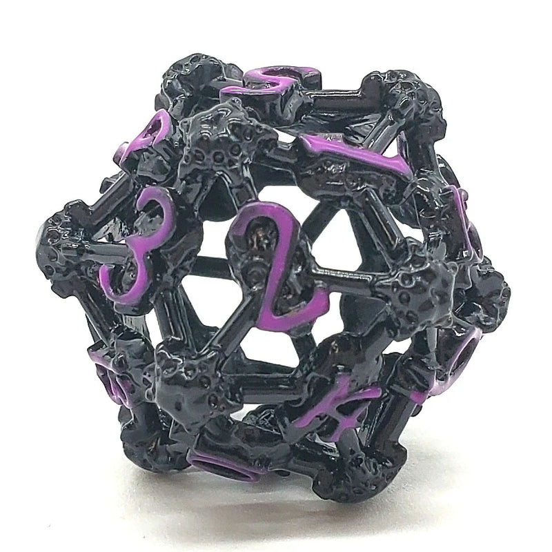 Old School Dice: Hollow Metal D20 Spindown - Skull Black Nickel With Purple