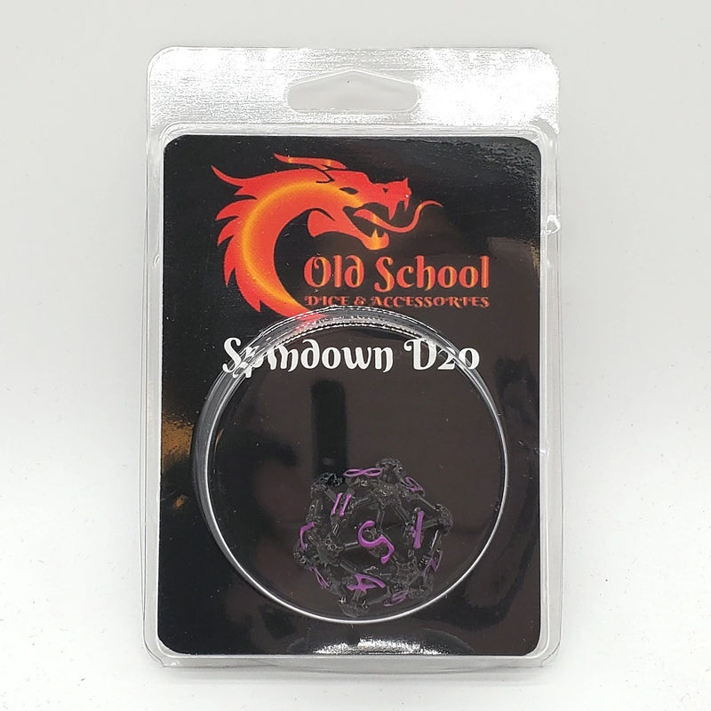 Old School Dice: Hollow Metal D20 Spindown - Skull Black Nickel With Purple