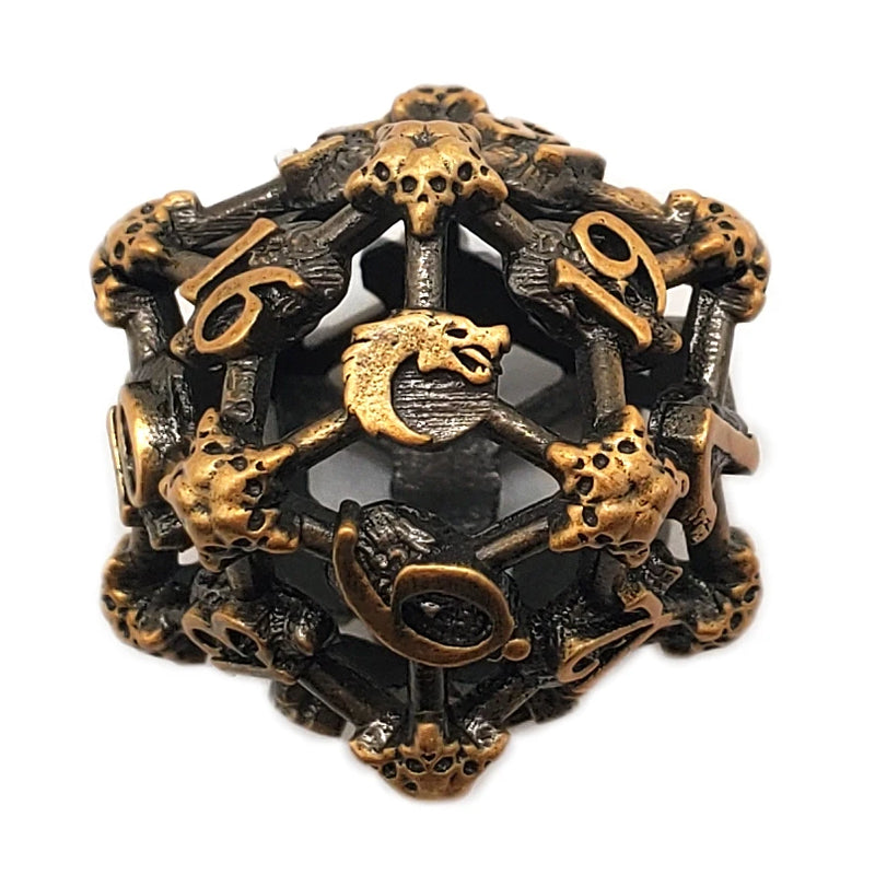 Old School Dice: Hollow Metal D20 Spindown - Skull Ancient Gold
