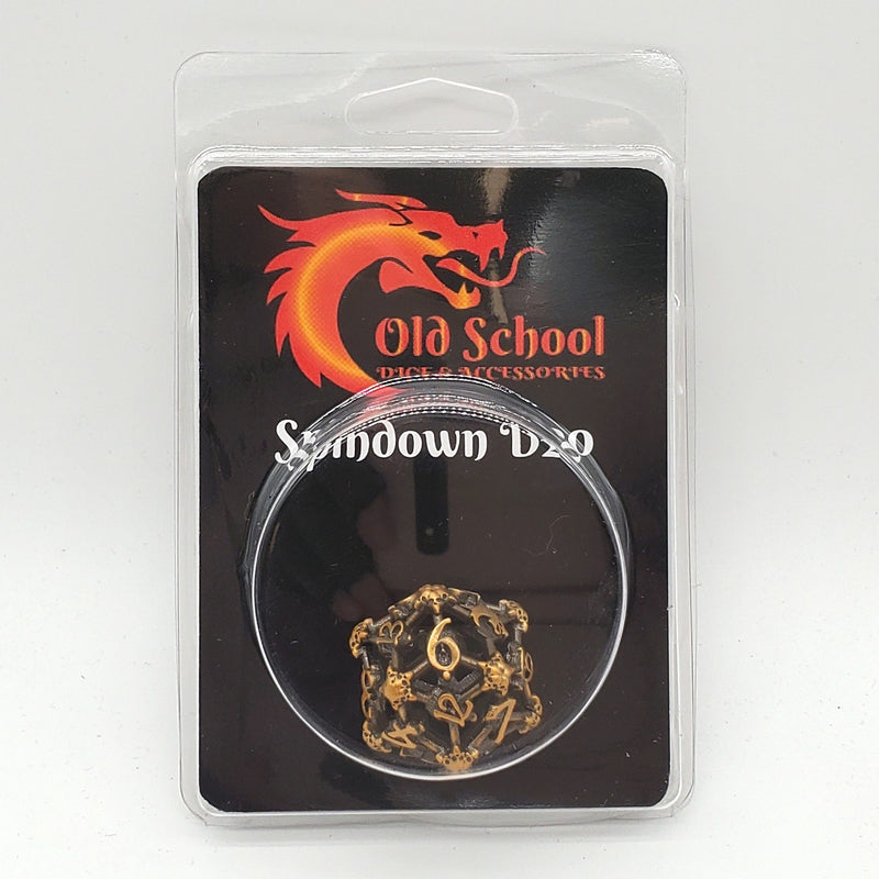 Old School Dice: Hollow Metal D20 Spindown - Skull Ancient Gold