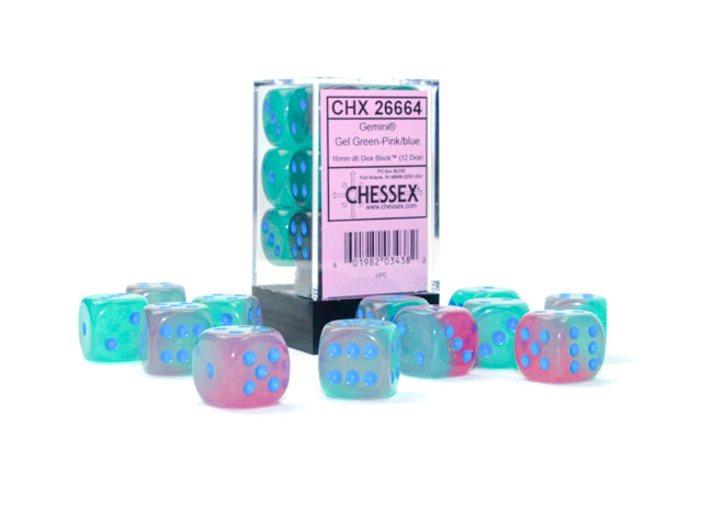 Chessex 12D6 Gemini Gel Green-Pink/Blue Luminary