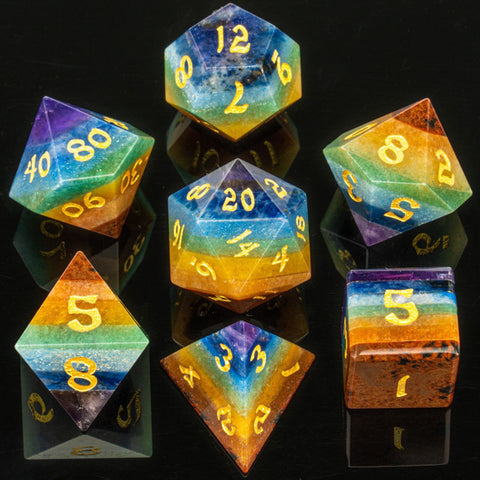 Natural Rainbow Layered 7pc Stone Dice