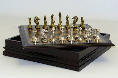 Chess Staunton Metal Chessmen in Wooden Chest 2.5" King Height