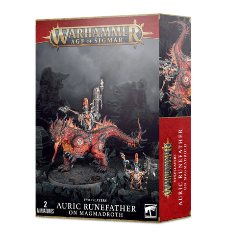GW Age of Sigmar Fyreslayers Auric Runefather/Runeson/Runesmiter on Magmadroth