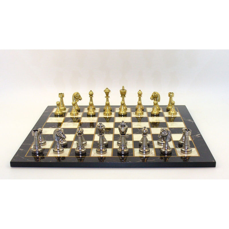 Chess Staunton Metal Chessmen with Black Decoupage Board 3" King Height