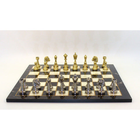Chess Staunton Metal Chessmen with Black Decoupage Board 3" King Height